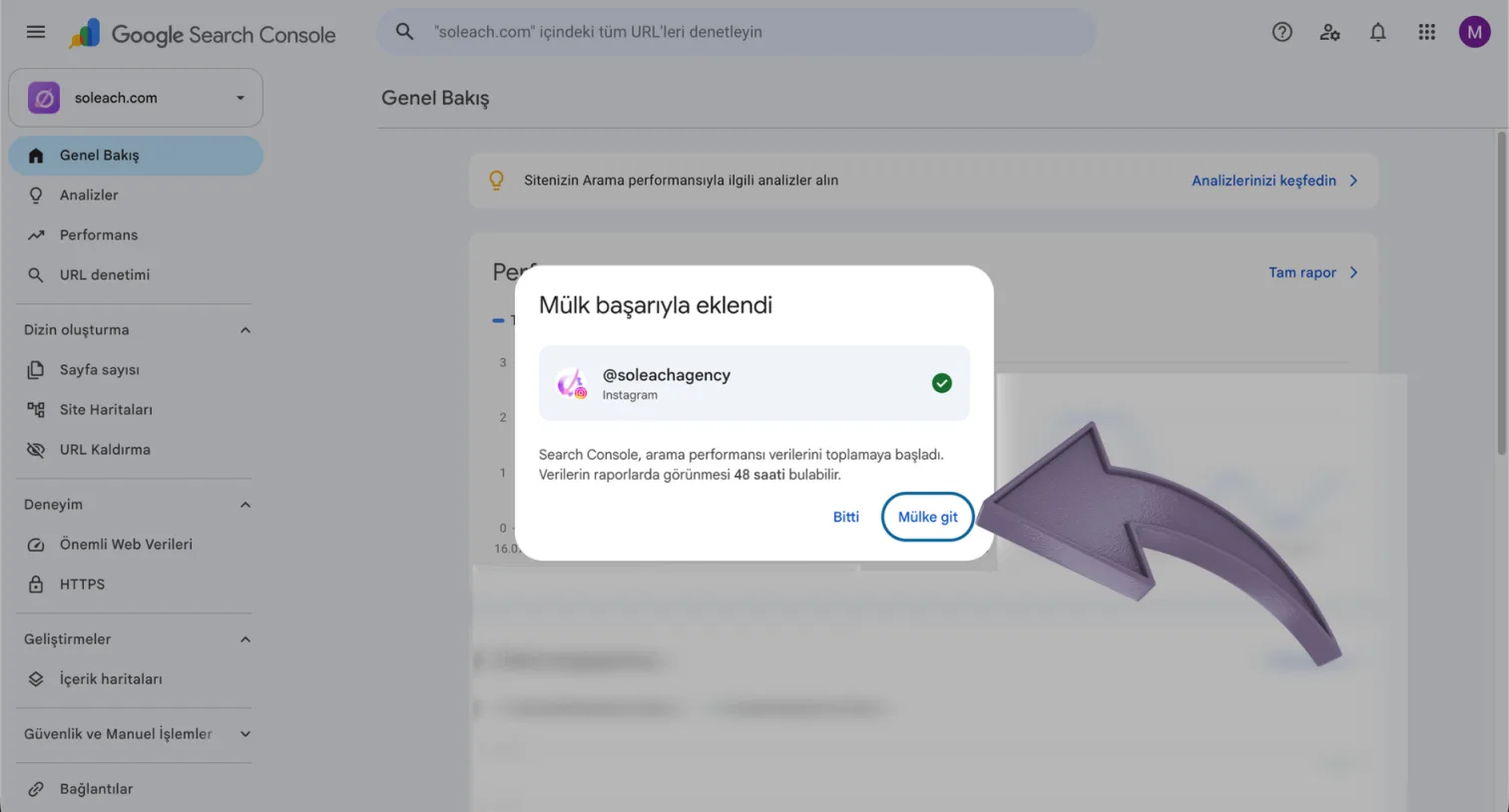 "Mülk başarıyla eklendi" penceresi; @soleachagency Instagram hesabı yeşil onay işaretiyle listelenmiş, altında verilerin raporlarda görünmesinin 48 saati bulabileceği yazıyor. Mülke git butonu okla işaretlenmiş.