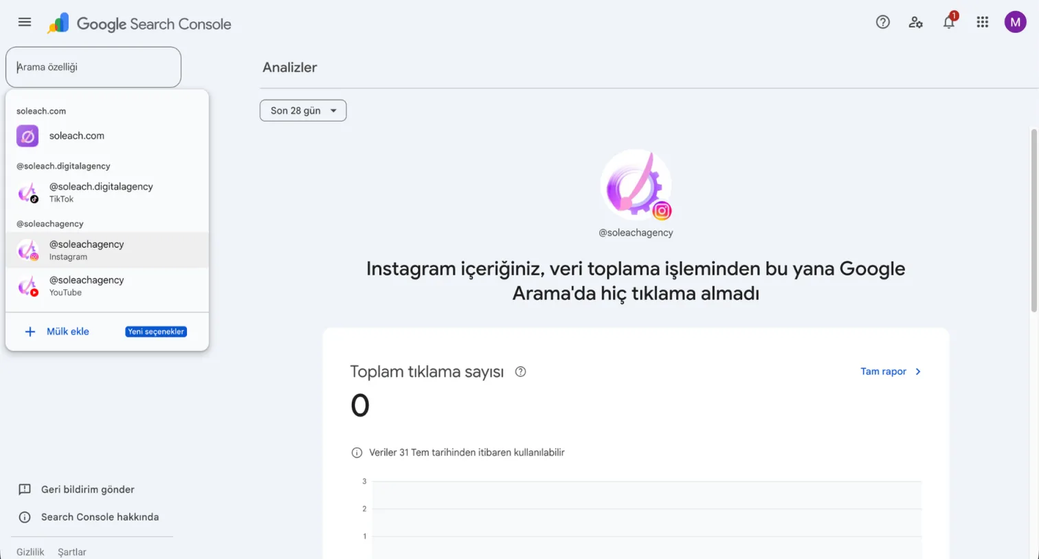 Yeni eklenen Instagram mülkünün Analizler ekranı: toplam tıklama sayısı 0, grafik boş ve verilerin 31 Temmuz'dan itibaren kullanılabileceği notu görünüyor. Solda açık olan mülk listesinde site, TikTok, Instagram ve YouTube kayıtları sıralanmış.
